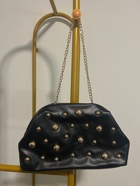 a new day Black Shoulder Bag with Gold Studs & Chain